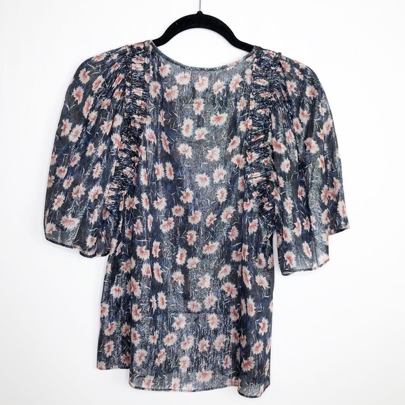 REBECCA Taylor navy blue floral sheer shimmer blouse - Picture 2 of 9